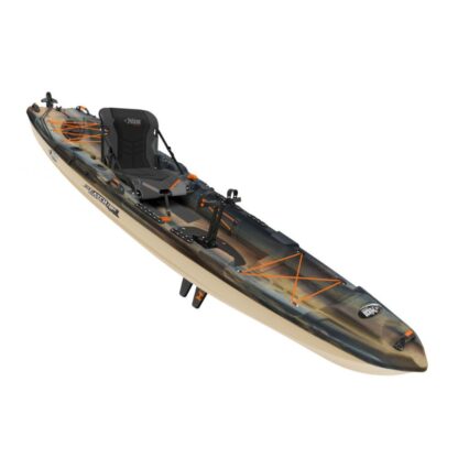 The Catch 130 Hydryve II is a 12’6” rudder-controlled fishing kayak with pedal drive technology; its sturdy, lightweight, and easy to move.